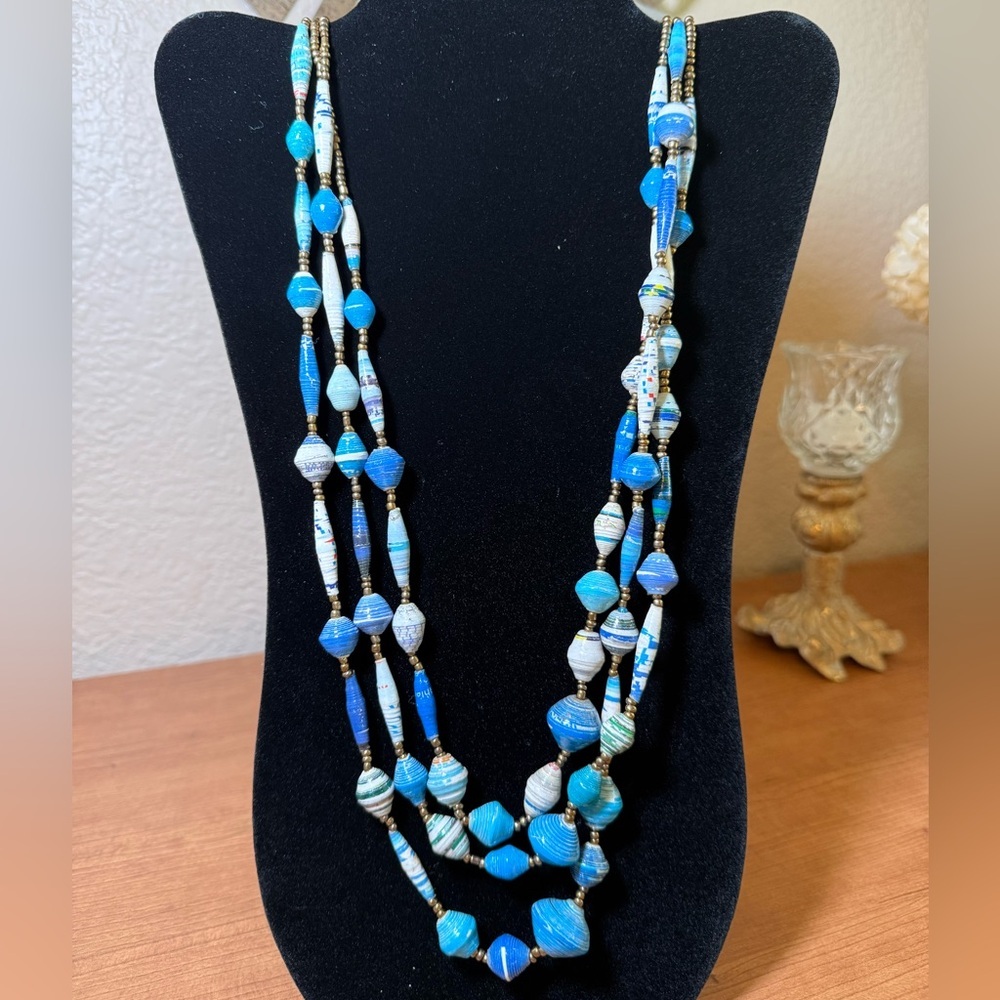 21" Long Blue Rolled Paper Beaded Multi Strand Necklace Along W/Colorful Beads